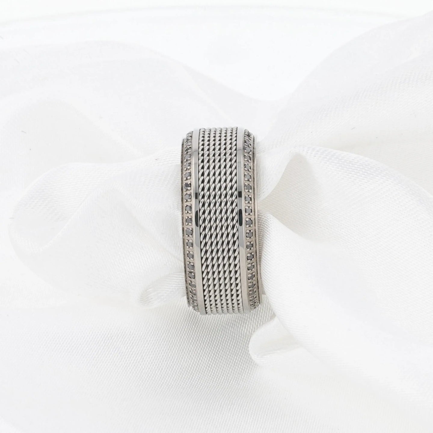 GAUNTLET Steel Chain Titanium Wedding Ring Polished Beveled Edges Set with Round Black Diamonds - 10mm - Larson Jewelers