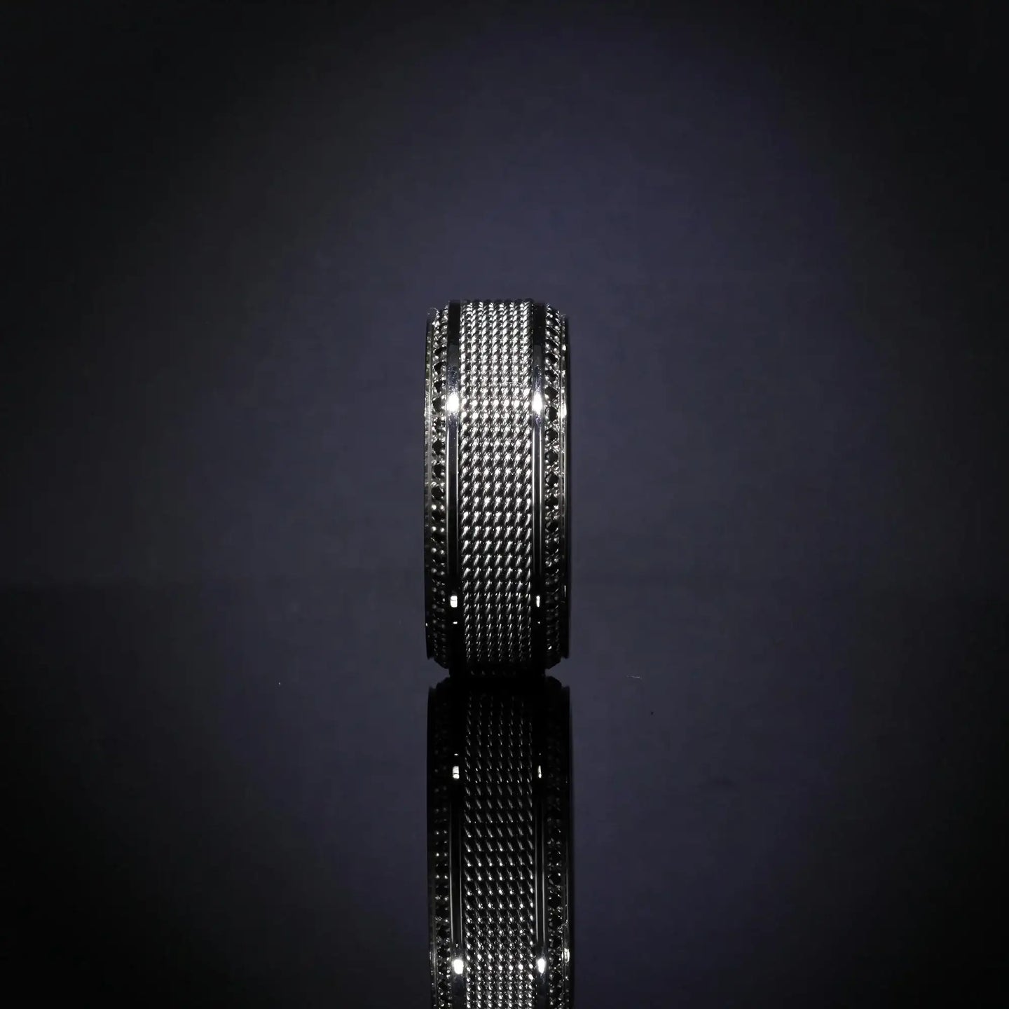 GAUNTLET Steel Chain Titanium Wedding Ring Polished Beveled Edges Set with Round Black Diamonds - 10mm - Larson Jewelers
