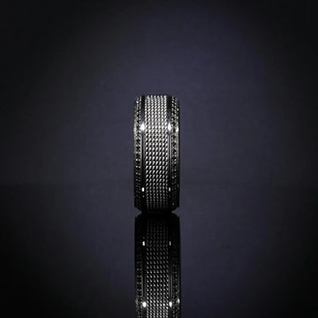 GAUNTLET Steel Chain Titanium Wedding Ring Polished Beveled Edges Set with Round Black Diamonds - 10mm - Larson Jewelers