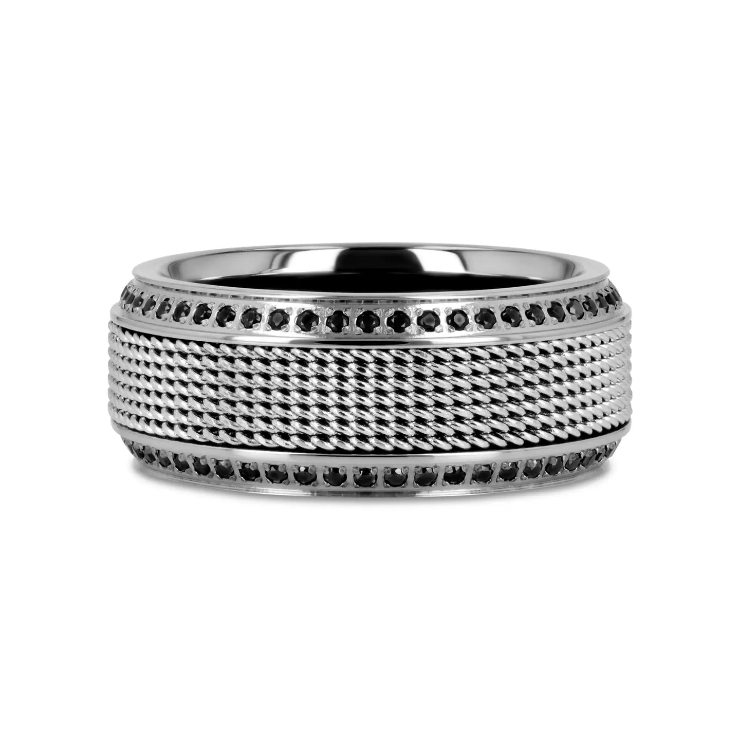 GAUNTLET Steel Chain Titanium Wedding Ring Polished Beveled Edges Set with Round Black Diamonds - 10mm - Larson Jewelers
