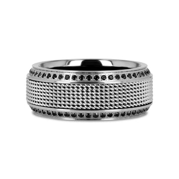 GAUNTLET Steel Chain Titanium Wedding Ring Polished Beveled Edges Set with Round Black Diamonds - 10mm - Larson Jewelers