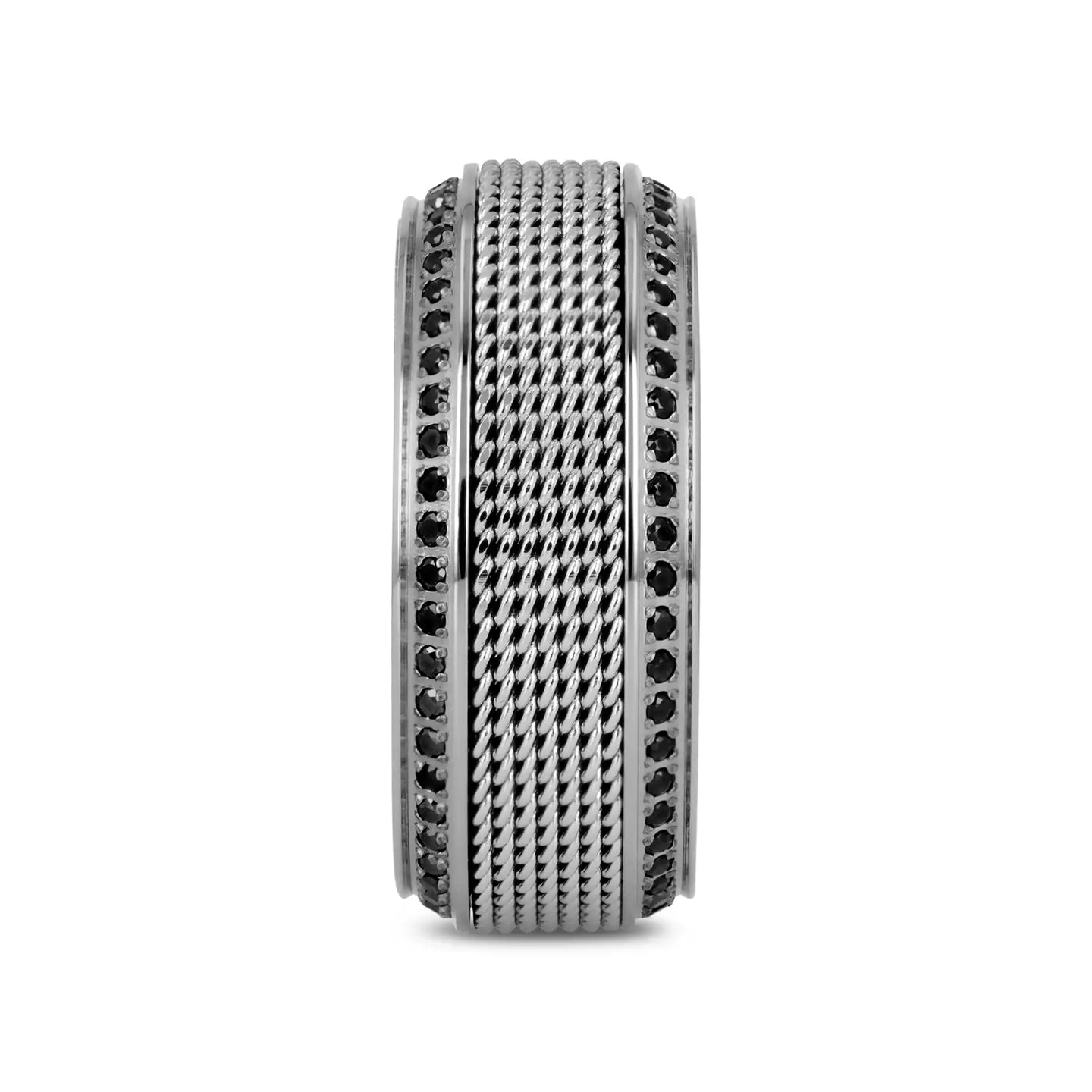 GAUNTLET Steel Chain Titanium Wedding Ring Polished Beveled Edges Set with Round Black Diamonds - 10mm - Larson Jewelers