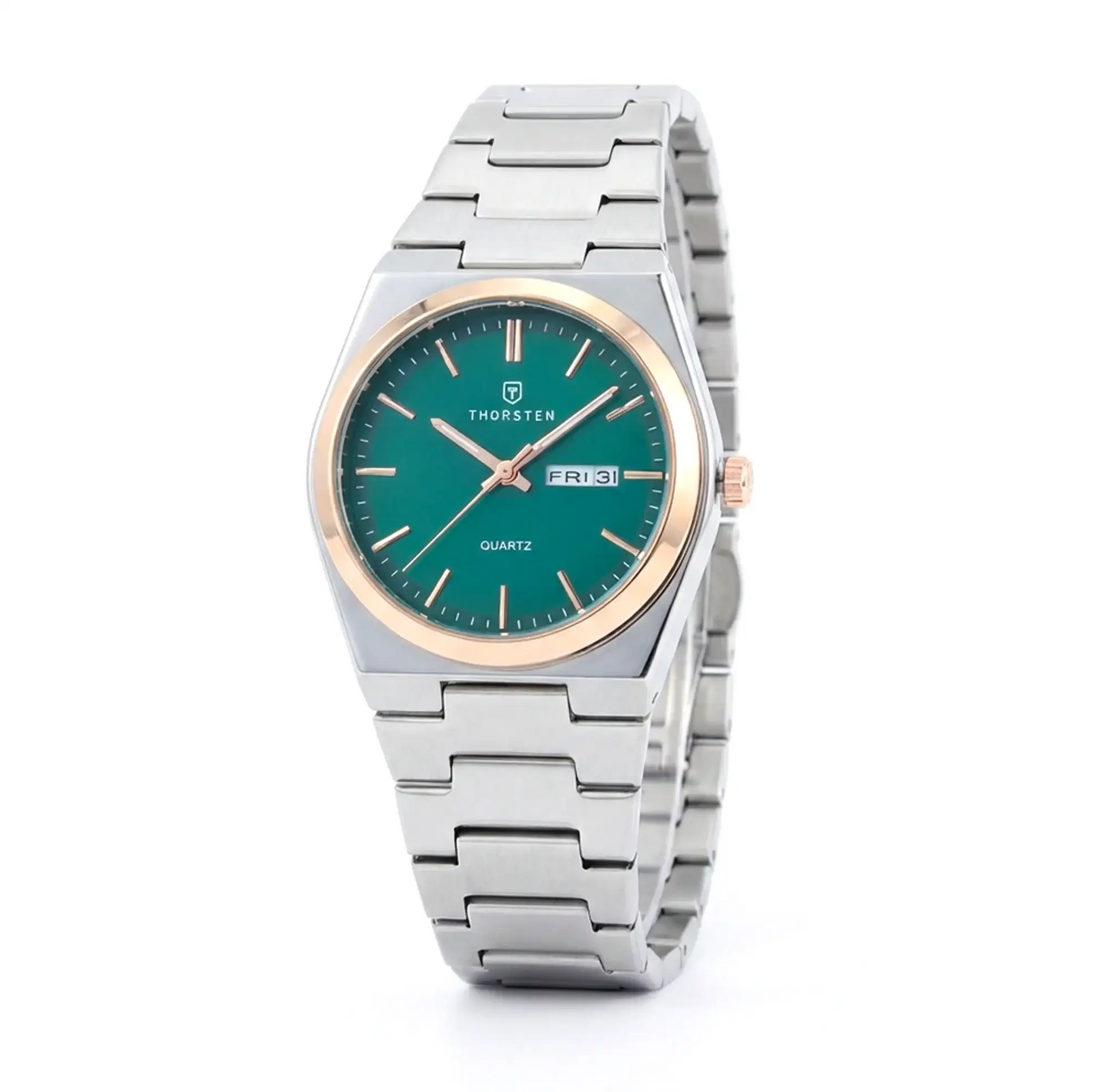 Watch with teal green dial, rose gold bezel, silver metal band, day-date window, and quartz movement.