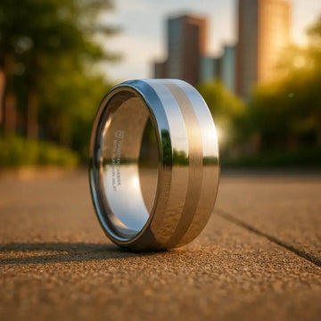 HALSTEN Platinum Inlaid Beveled Tungsten Carbide Wedding Ring - 6mm & 8mm - Larson Jewelers