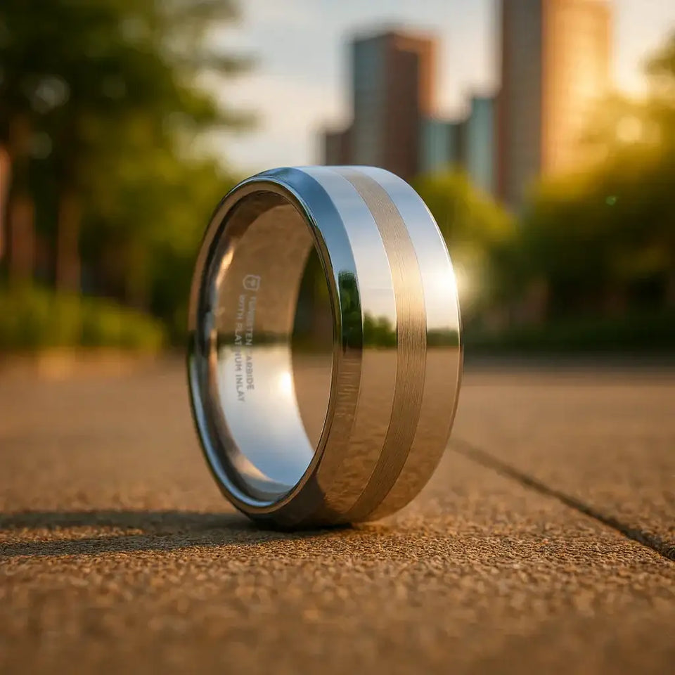 HALSTEN Platinum Inlaid Beveled Tungsten Carbide Wedding Ring - 6mm & 8mm - Larson Jewelers