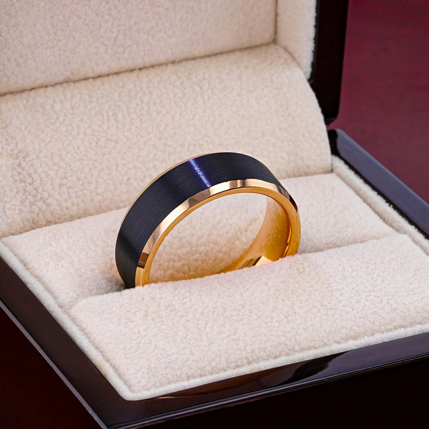 HAYDEN Rose Gold Plated Tungsten Beveled Ring with Brushed Black Center, Comfort Fit (6mm & 8mm) - Larson Jewelers