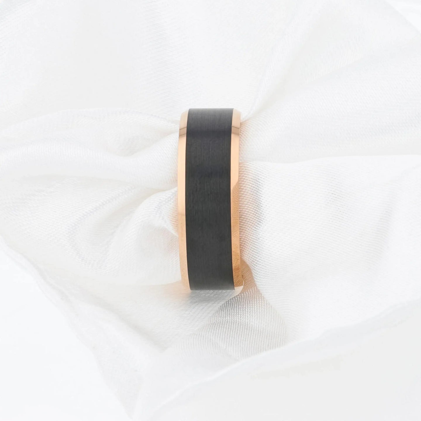 HAYDEN Rose Gold Plated Tungsten Beveled Ring with Brushed Black Center, Comfort Fit (6mm & 8mm) - Larson Jewelers