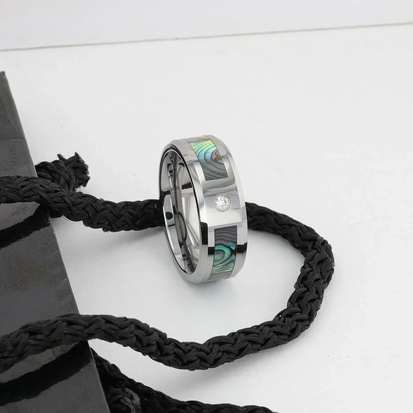 HONOLULU Mother of Pearl Inlay Tungsten Carbide Ring with Beveled Edges and White Diamond - 8mm - Larson Jewelers