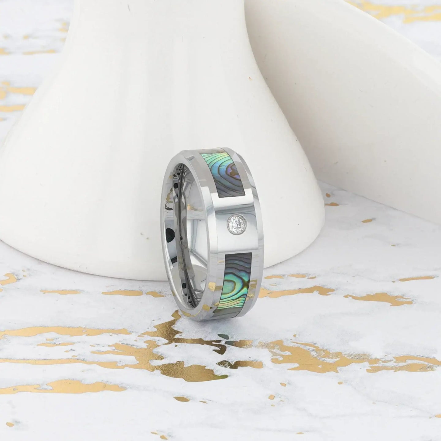 HONOLULU Mother of Pearl Inlay Tungsten Carbide Ring with Beveled Edges and White Diamond - 8mm - Larson Jewelers