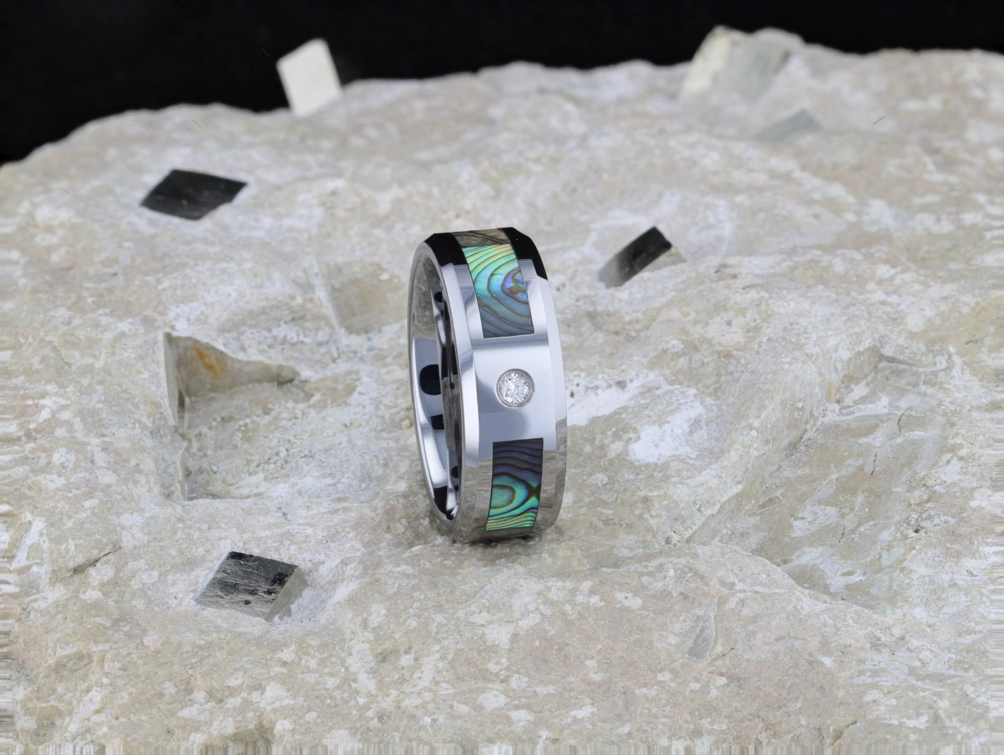 HONOLULU Mother of Pearl Inlay Tungsten Carbide Ring with Beveled Edges and White Diamond - 8mm - Larson Jewelers