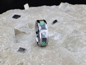 HONOLULU Mother of Pearl Inlay Tungsten Carbide Ring with Beveled Edges and White Diamond - 8mm - Larson Jewelers