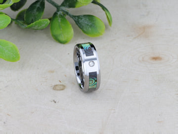 HONOLULU Mother of Pearl Inlay Tungsten Carbide Ring with Beveled Edges and White Diamond - 8mm - Larson Jewelers