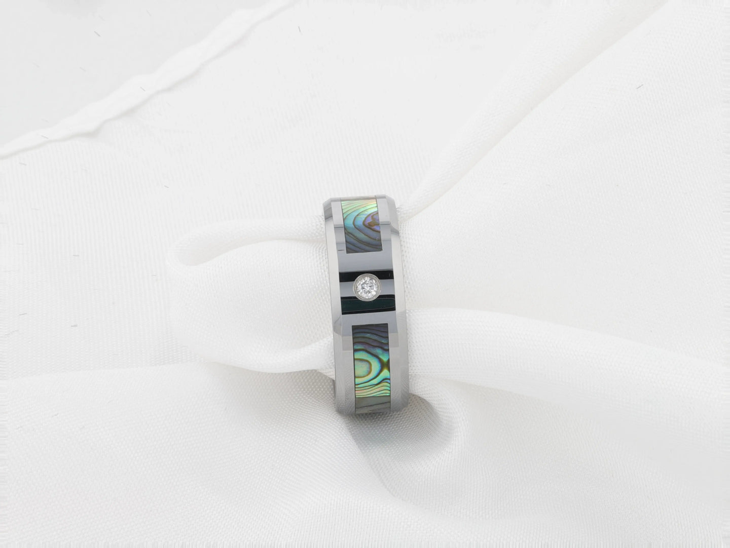 HONOLULU Mother of Pearl Inlay Tungsten Carbide Ring with Beveled Edges and White Diamond - 8mm - Larson Jewelers