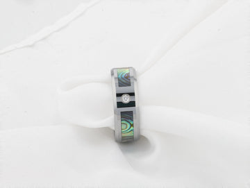 HONOLULU Mother of Pearl Inlay Tungsten Carbide Ring with Beveled Edges and White Diamond - 8mm - Larson Jewelers