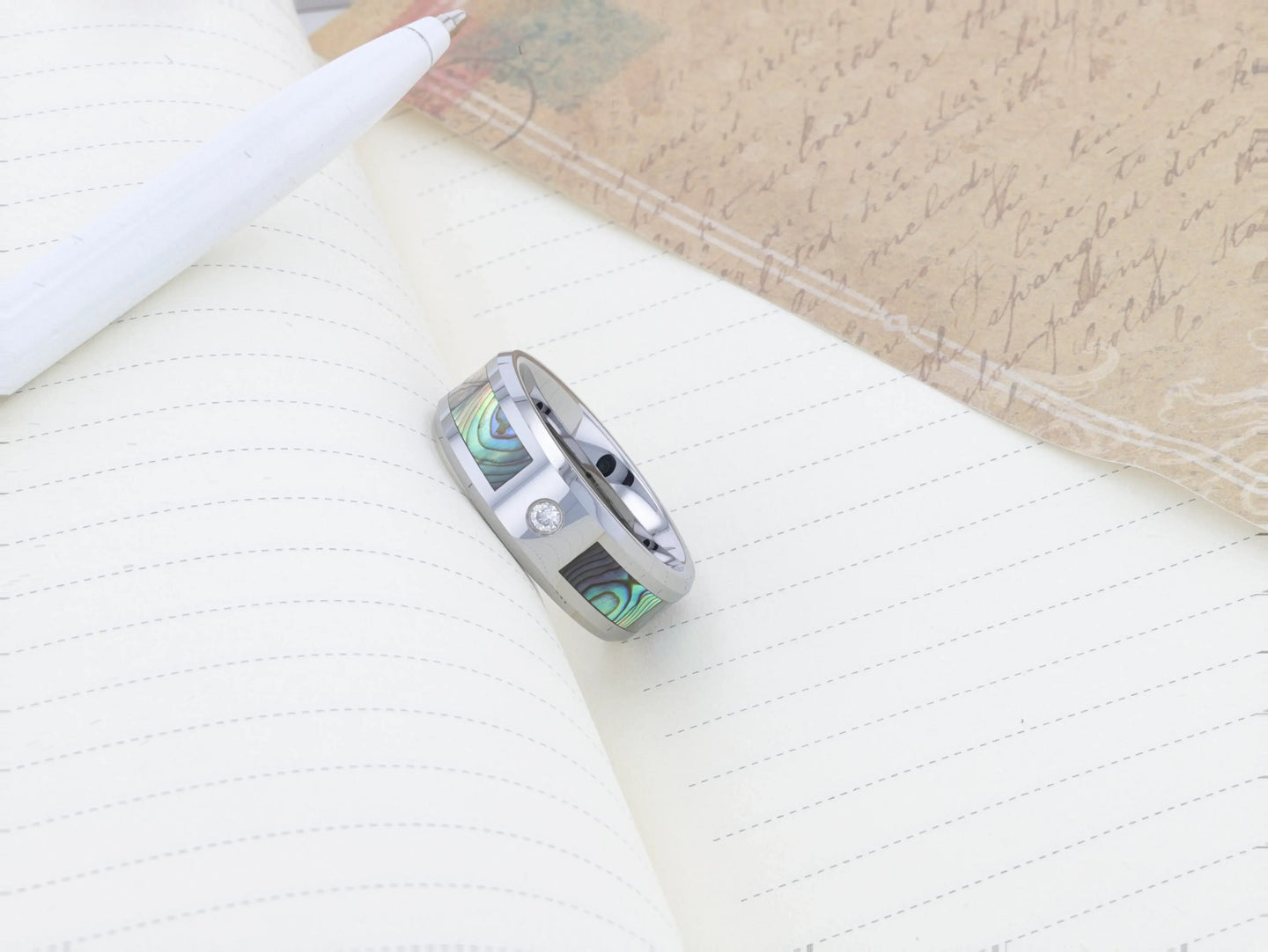 HONOLULU Mother of Pearl Inlay Tungsten Carbide Ring with Beveled Edges and White Diamond - 8mm - Larson Jewelers