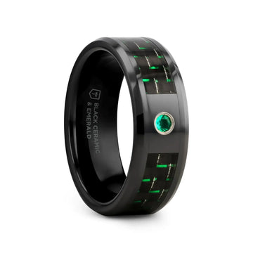HADAR Black Ceramic Ring with Black and Green Carbon Fiber and Green Emerald Setting - 8mm - Larson Jewelers