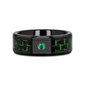 HADAR Black Ceramic Ring with Black and Green Carbon Fiber and Green Emerald Setting - 8mm - Larson Jewelers
