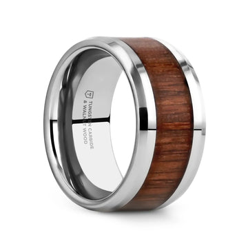 HALIFAX Tungsten Wedding Band with Bevels and Black Walnut Wood Inlay - 4mm - 12mm - Larson Jewelers