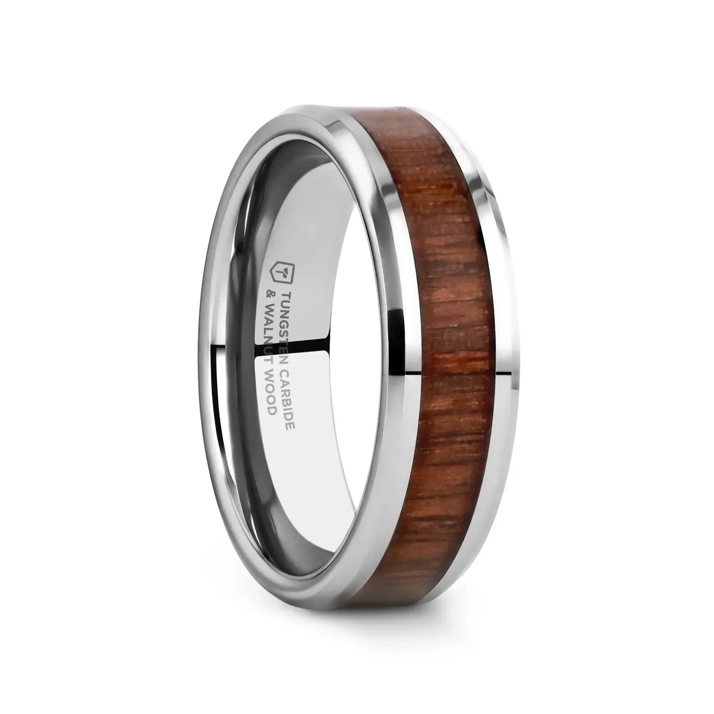 HALIFAX Tungsten Wedding Band with Bevels and Black Walnut Wood Inlay - 4mm - 12mm - Larson Jewelers