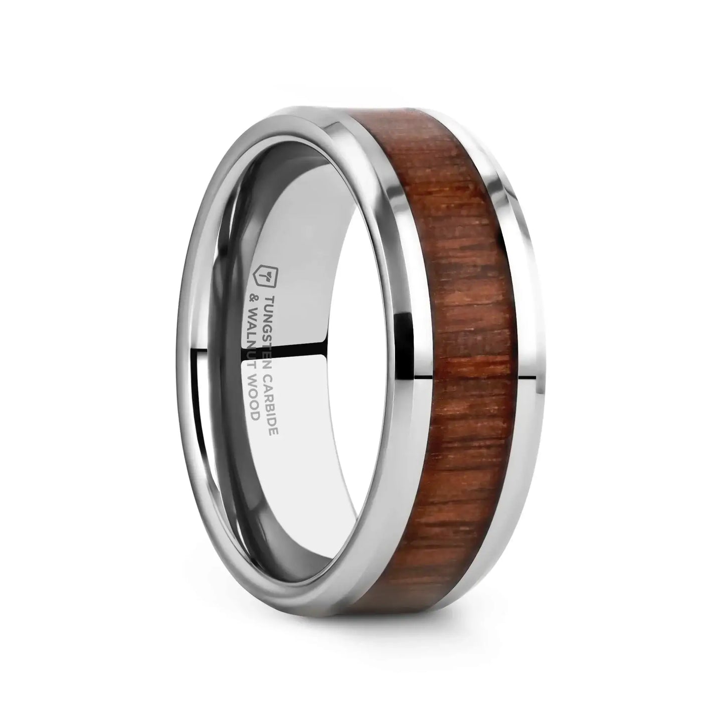 HALIFAX Tungsten Wedding Band with Bevels and Black Walnut Wood Inlay - 4mm - 12mm - Larson Jewelers