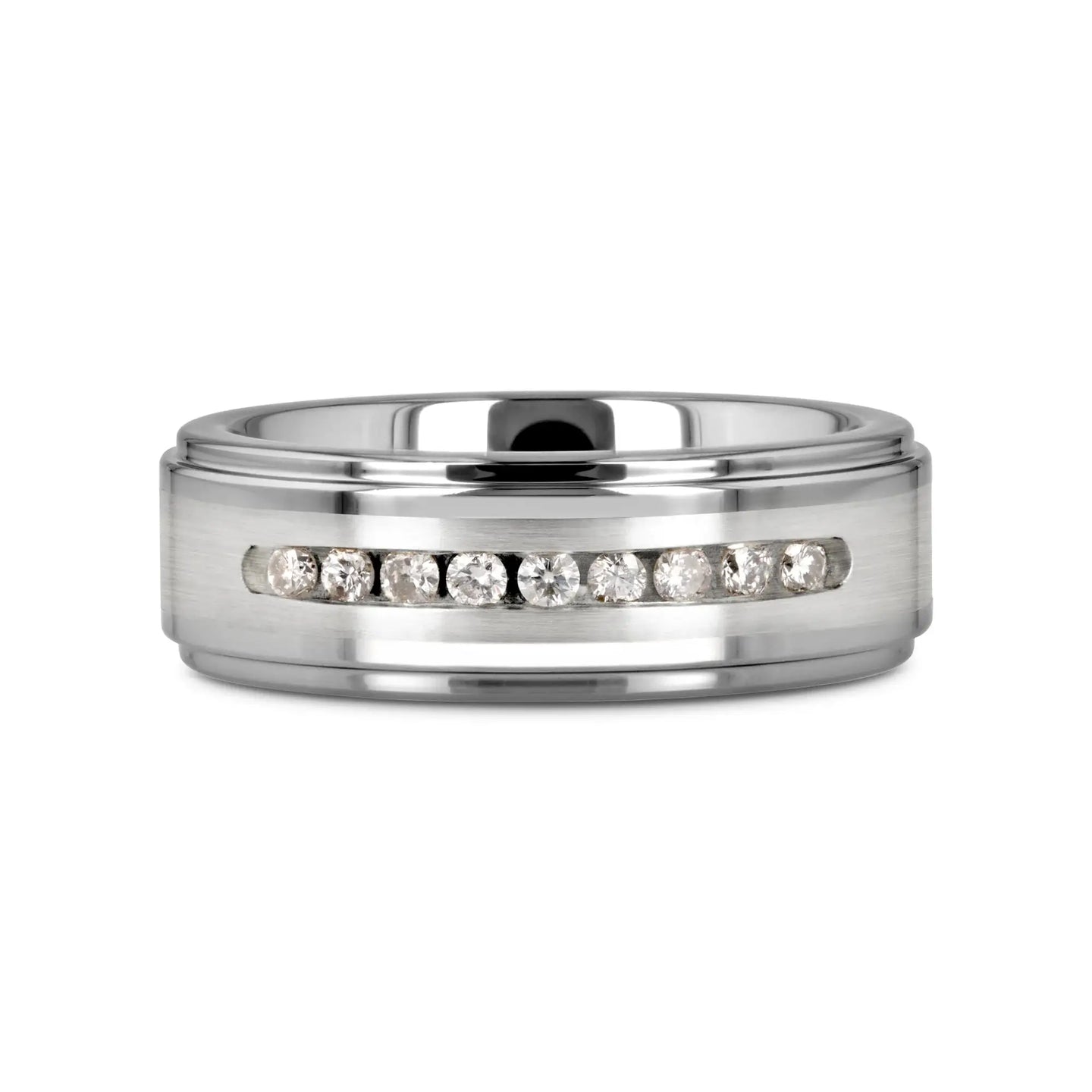 HARPER Tungsten Wedding Band with Raised Center & Brushed Silver Inlay and 9 Channel Set White Diamonds - 8mm - Larson Jewelers