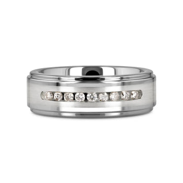 HARPER Tungsten Wedding Band with Raised Center & Brushed Silver Inlay and 9 Channel Set White Diamonds - 8mm - Larson Jewelers