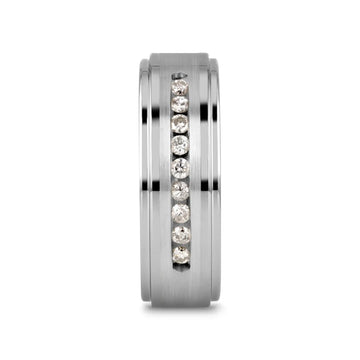 HARPER Tungsten Wedding Band with Raised Center & Brushed Silver Inlay and 9 Channel Set White Diamonds - 8mm - Larson Jewelers
