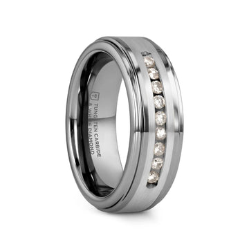 HARPER Tungsten Wedding Band with Raised Center & Brushed Silver Inlay and 9 Channel Set White Diamonds - 8mm - Larson Jewelers