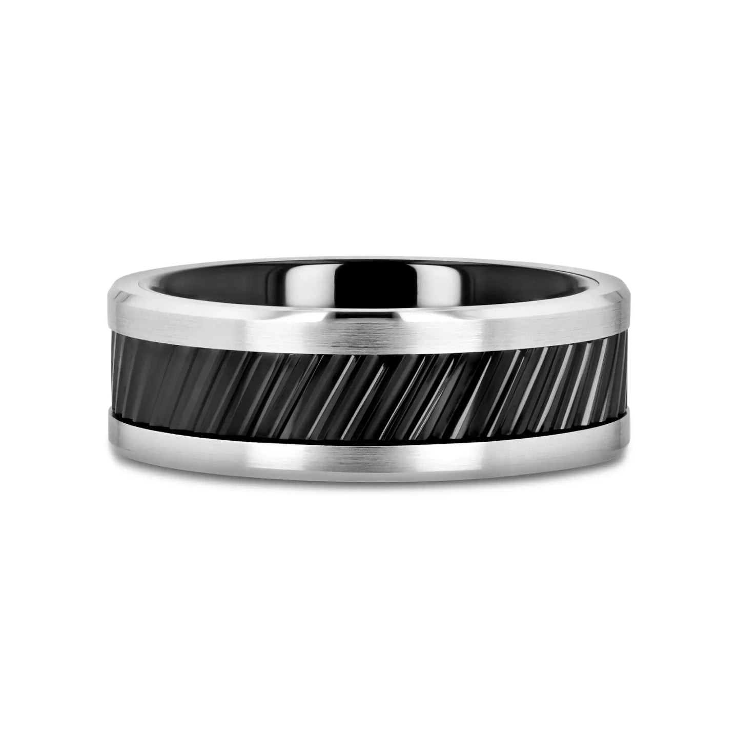 HELIX Gear Teeth Pattern Black Ceramic and Tungsten Ring - 6mm, 8mm, 10mm - Larson Jewelers