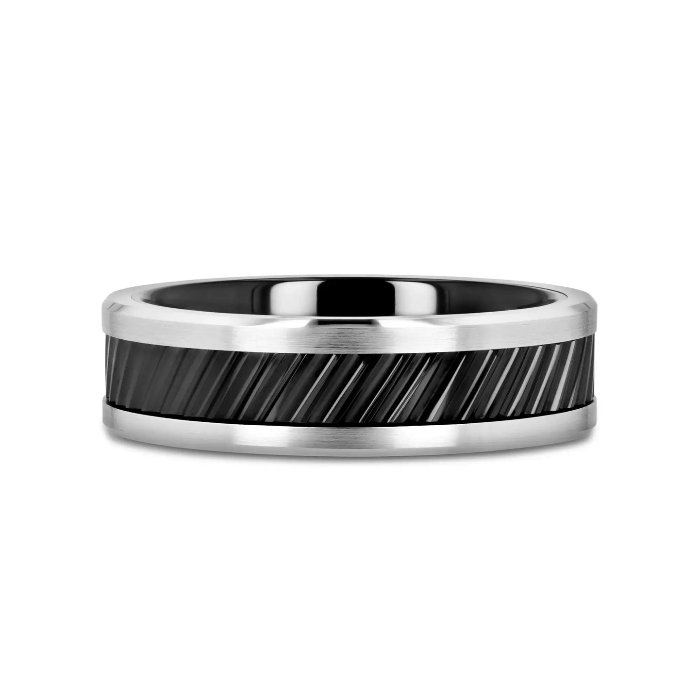 HELIX Gear Teeth Pattern Black Ceramic and Tungsten Ring - 6mm, 8mm, 10mm - Larson Jewelers