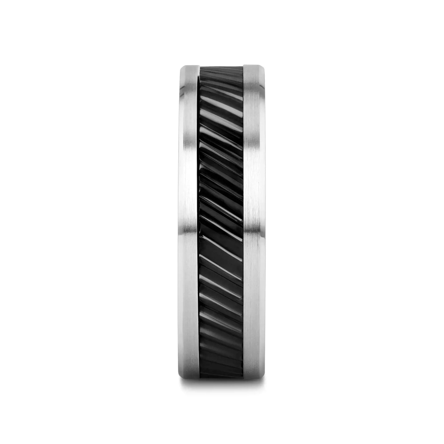 HELIX Gear Teeth Pattern Black Ceramic and Tungsten Ring - 6mm, 8mm, 10mm - Larson Jewelers