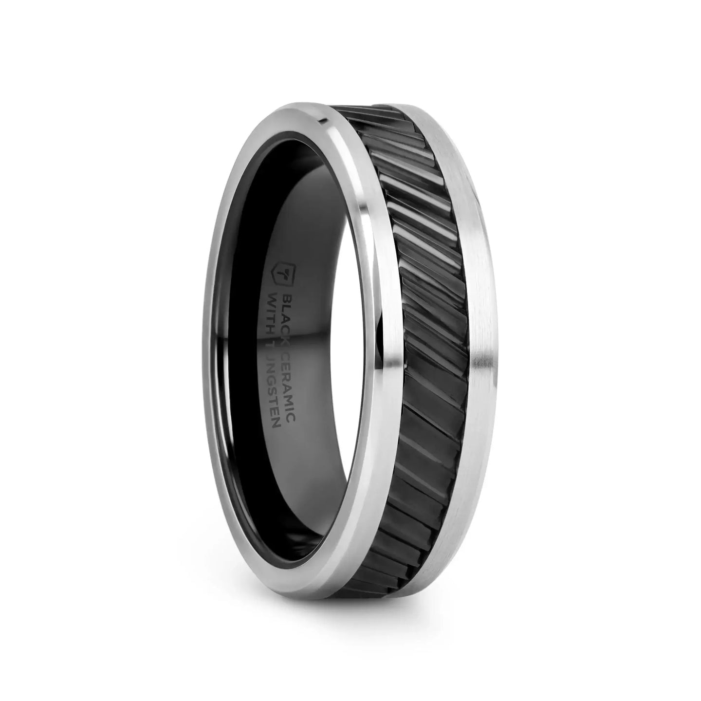 HELIX Gear Teeth Pattern Black Ceramic and Tungsten Ring - 6mm, 8mm, 10mm - Larson Jewelers