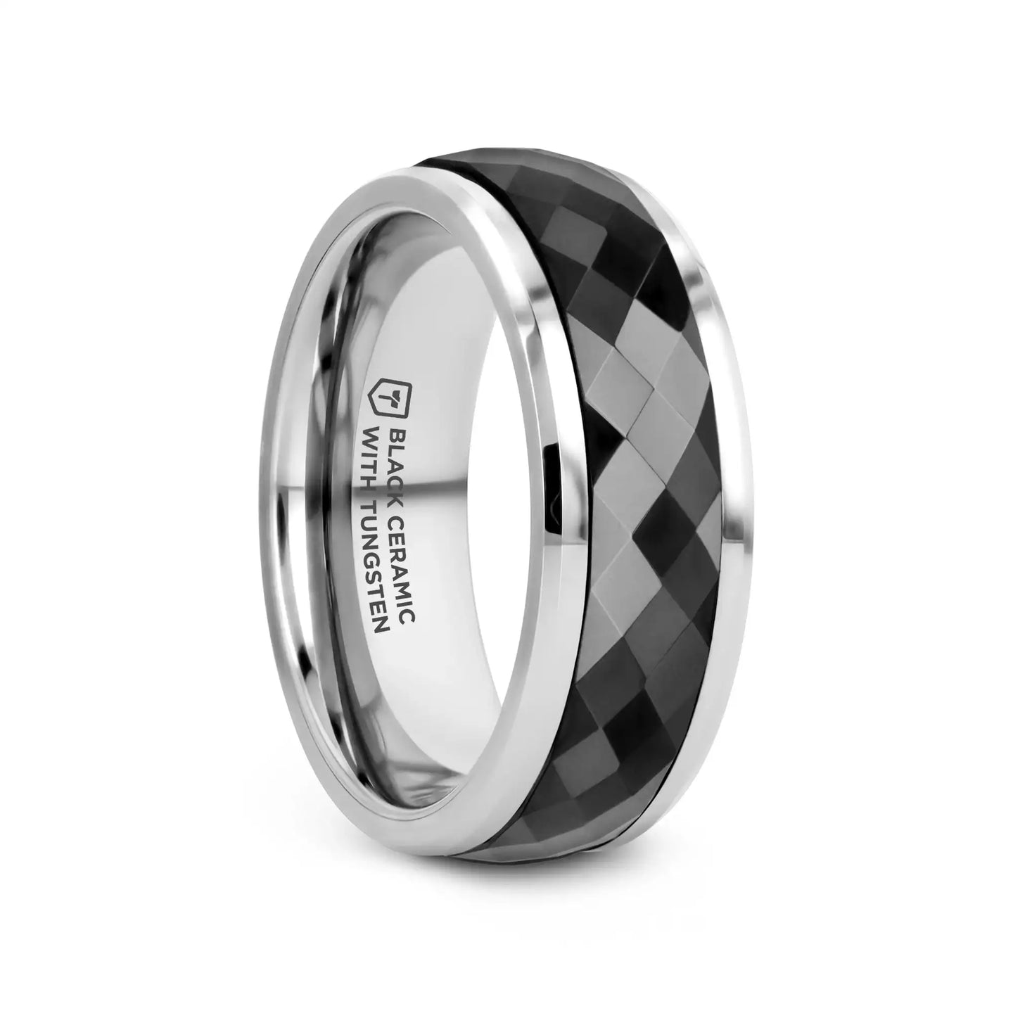 HICKOK Polished Diamond Faceted Black Ceramic Spinner Ring with Beveled Edges - 8mm - Larson Jewelers