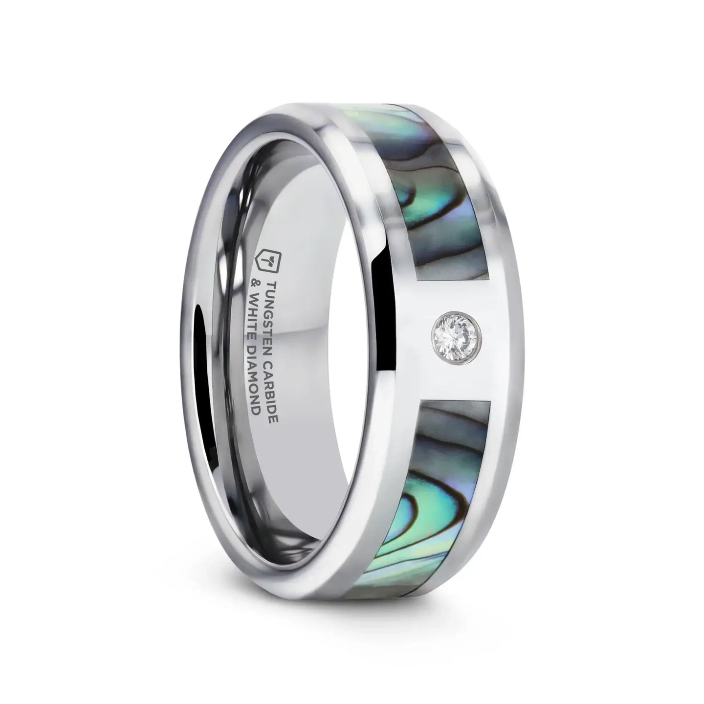 HONOLULU Mother of Pearl Inlay Tungsten Carbide Ring with Beveled Edges and White Diamond - 8mm - Larson Jewelers