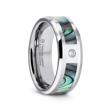 HONOLULU Mother of Pearl Inlay Tungsten Carbide Ring with Beveled Edges and White Diamond - 8mm - Larson Jewelers