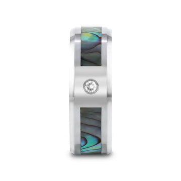 HONOLULU Mother of Pearl Inlay Tungsten Carbide Ring with Beveled Edges and White Diamond - 8mm - Larson Jewelers