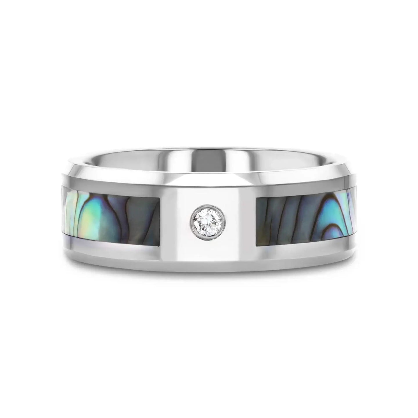 HONOLULU Mother of Pearl Inlay Tungsten Carbide Ring with Beveled Edges and White Diamond - 8mm - Larson Jewelers