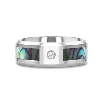 HONOLULU Mother of Pearl Inlay Tungsten Carbide Ring with Beveled Edges and White Diamond - 8mm - Larson Jewelers