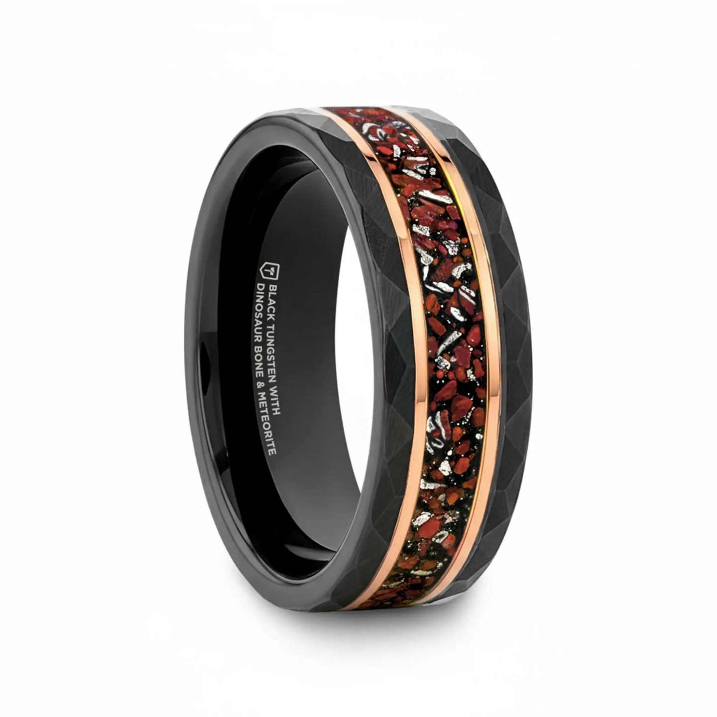 INFERNO Black/Rose Hammered Tungsten Carbide Ring with Dinosaur Bones and Meteorite – 8mm - Larson Jewelers