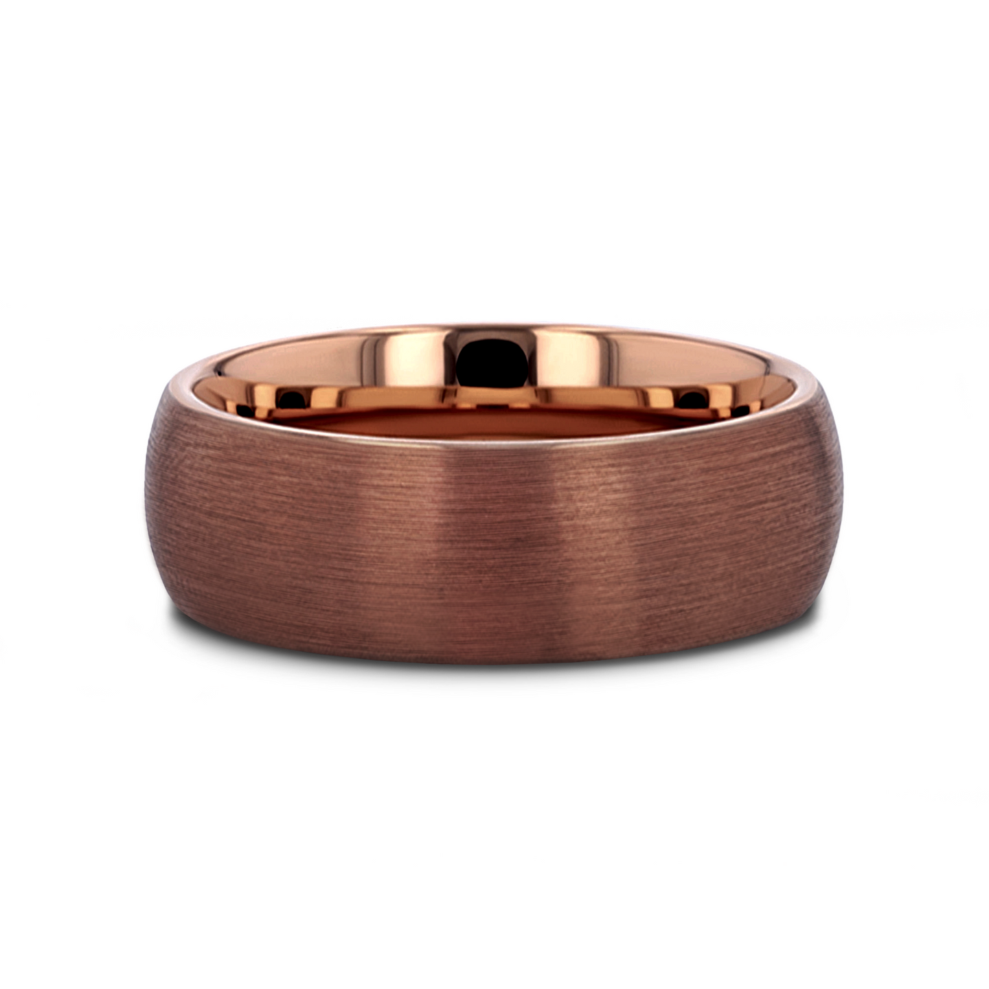Espresso tungsten band with domed brushed finish and polished interior edge.