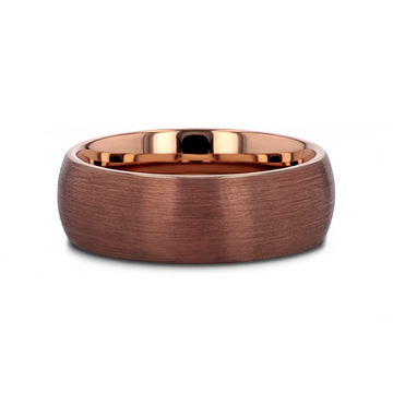 Espresso tungsten band with domed brushed finish and polished interior edge.