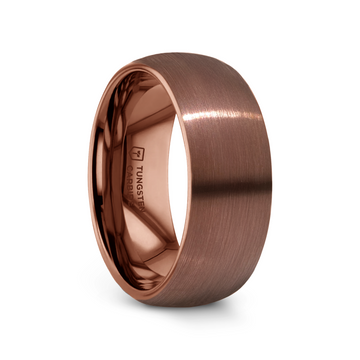 Domed espresso tungsten band with brushed finish, polished inner surface, and engraved text on interior.