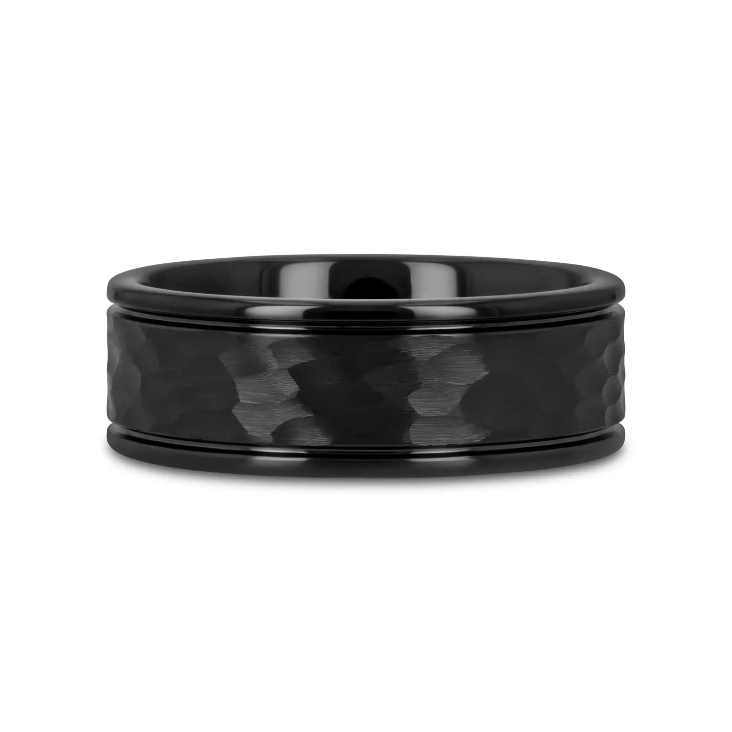 JOINER Hammered Finish Center Black Tungsten Carbide Wedding Band with Dual Offset Grooves and Polished Edges - 6mm or 8mm - Larson Jewelers