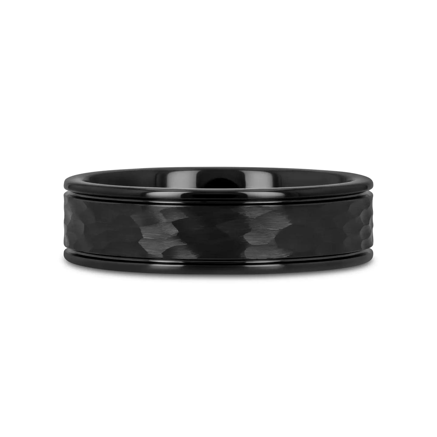 JOINER Hammered Finish Center Black Tungsten Carbide Wedding Band with Dual Offset Grooves and Polished Edges - 6mm or 8mm - Larson Jewelers