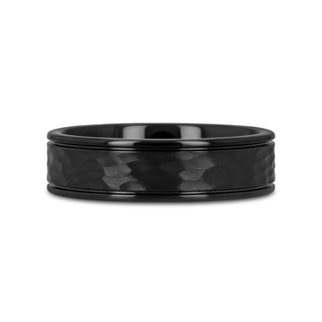 JOINER Hammered Finish Center Black Tungsten Carbide Wedding Band with Dual Offset Grooves and Polished Edges - 6mm or 8mm - Larson Jewelers