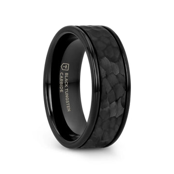 JOINER Hammered Finish Center Black Tungsten Carbide Wedding Band with Dual Offset Grooves and Polished Edges - 6mm or 8mm - Larson Jewelers