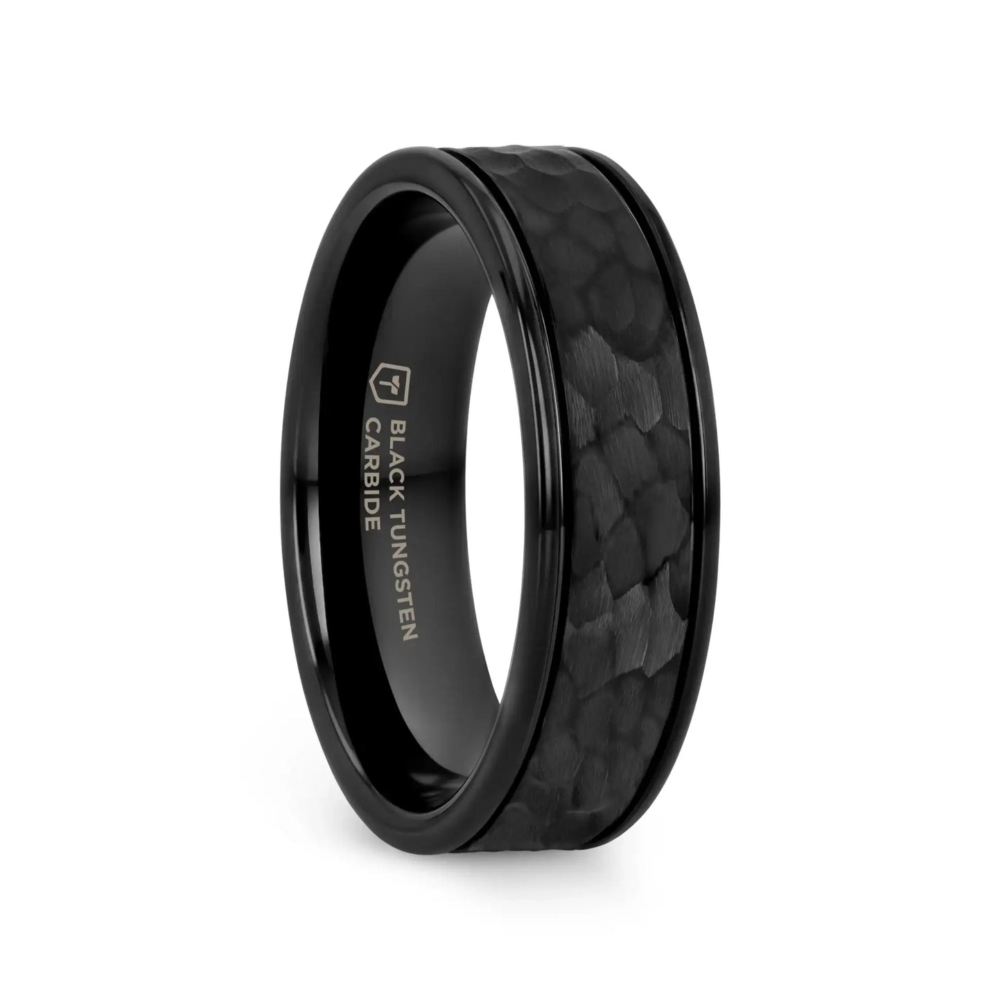 JOINER Hammered Finish Center Black Tungsten Carbide Wedding Band with Dual Offset Grooves and Polished Edges - 6mm or 8mm - Larson Jewelers