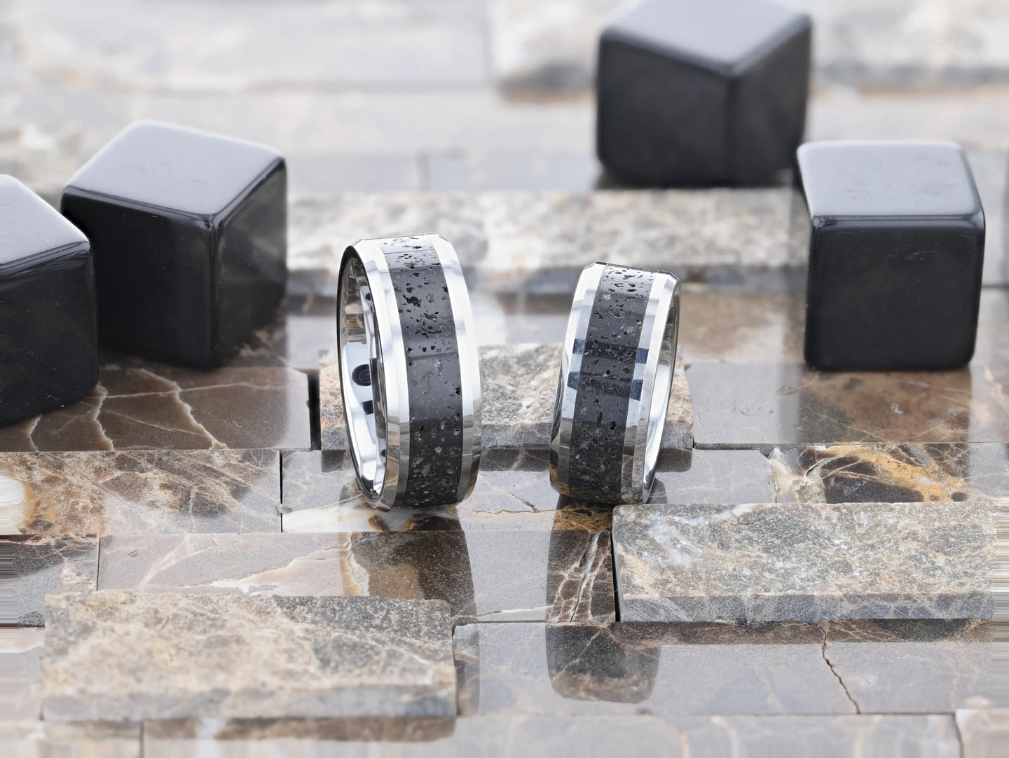 KILAUEA Men’s Polished Tungsten Wedding Band with Black & Gray Lava Rock Stone Inlay & Polished Beveled Edges - 8mm - Larson Jewelers