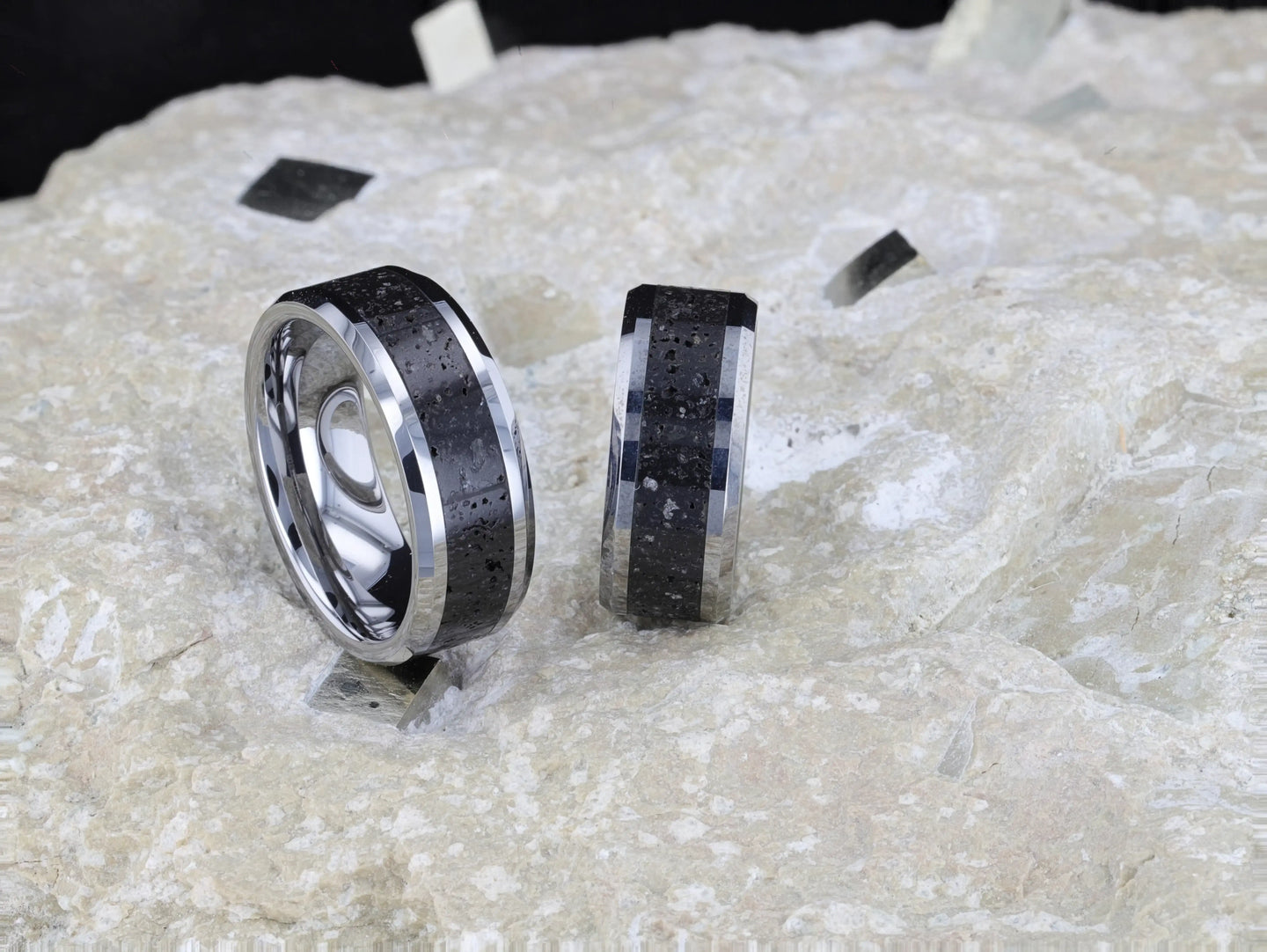 KILAUEA Men’s Polished Tungsten Wedding Band with Black & Gray Lava Rock Stone Inlay & Polished Beveled Edges - 8mm - Larson Jewelers