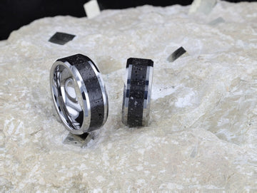 KILAUEA Men’s Polished Tungsten Wedding Band with Black & Gray Lava Rock Stone Inlay & Polished Beveled Edges - 8mm - Larson Jewelers